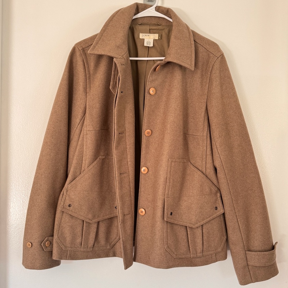 🍁 J Crew Wool Utility Field Jacket Large Brown Hidden Buttons Lined